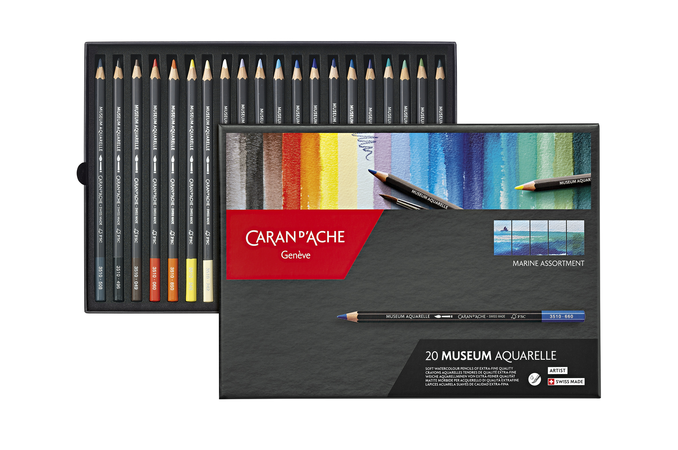 Caran d'Ache Museum Aquarelle 20er Set Marine Kartonschachtel mit 20 Farben